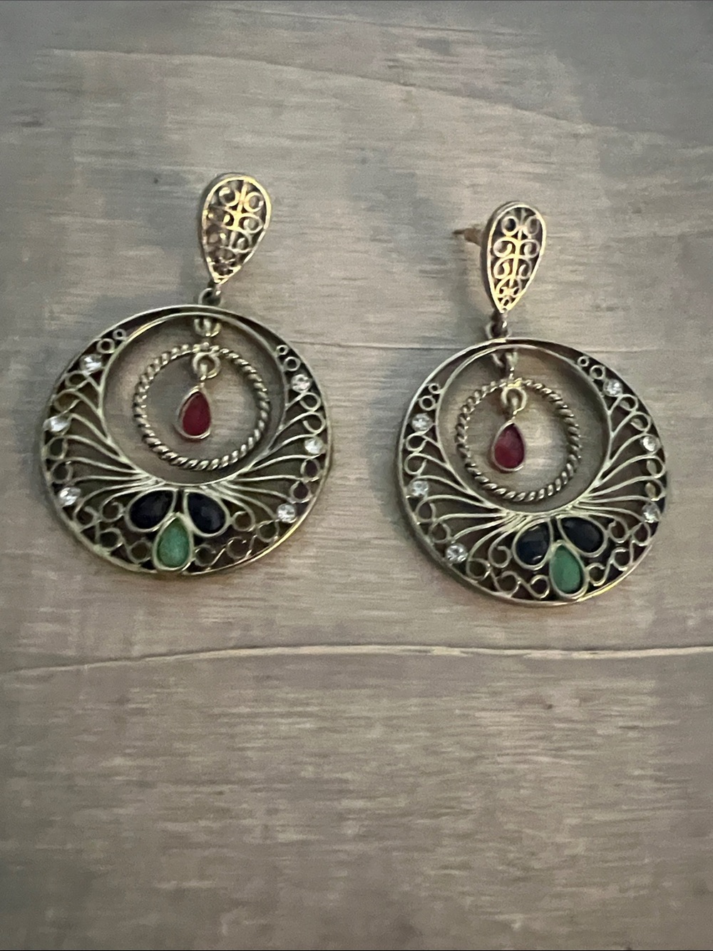 Gold-Tone Filigree Hoop Earrings with Red, Blue, and Green Stones - Picture 2 of 7